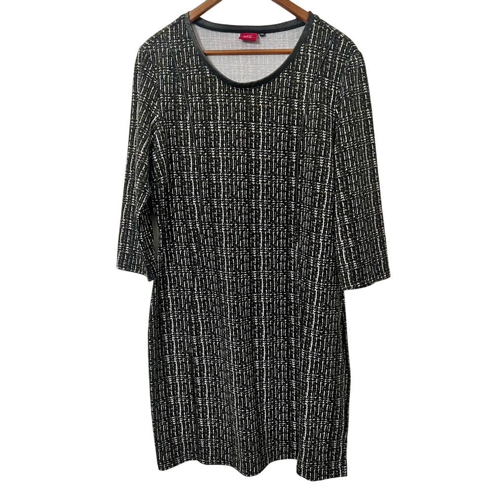 LIV Collection Womens XXL Black White Plaid Faux Leather Trim 3/4 Sleeve Dress